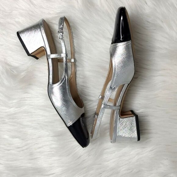 Sam Edelman Tarra Slingback Pump Heels Cap Toe Metallic Silver Black 9.5 - Picture 12 of 15